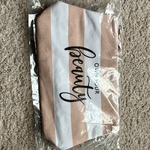 'Beauty' Striped Cosmetic Pouch - Blush & White